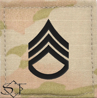 thumbnail interactive-video image 1 of E-6 SSGT Staff Sergeant Rank Patch – 1x2 Black/White Hook & Loop 1 of 3